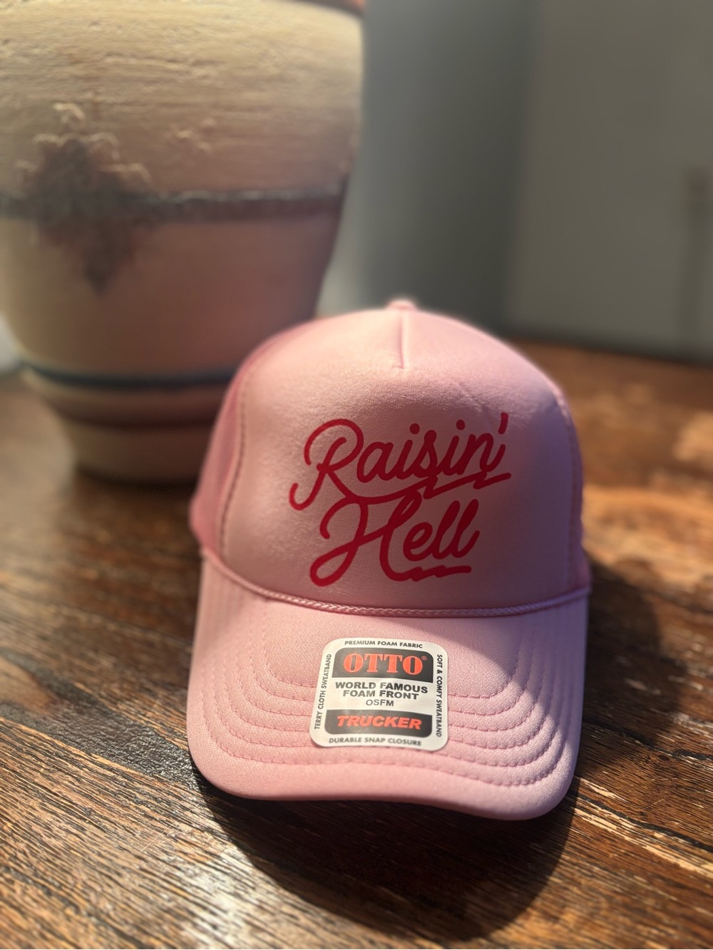 Otto bubblegum Pink "Raisin' Hell" Trucker Hat